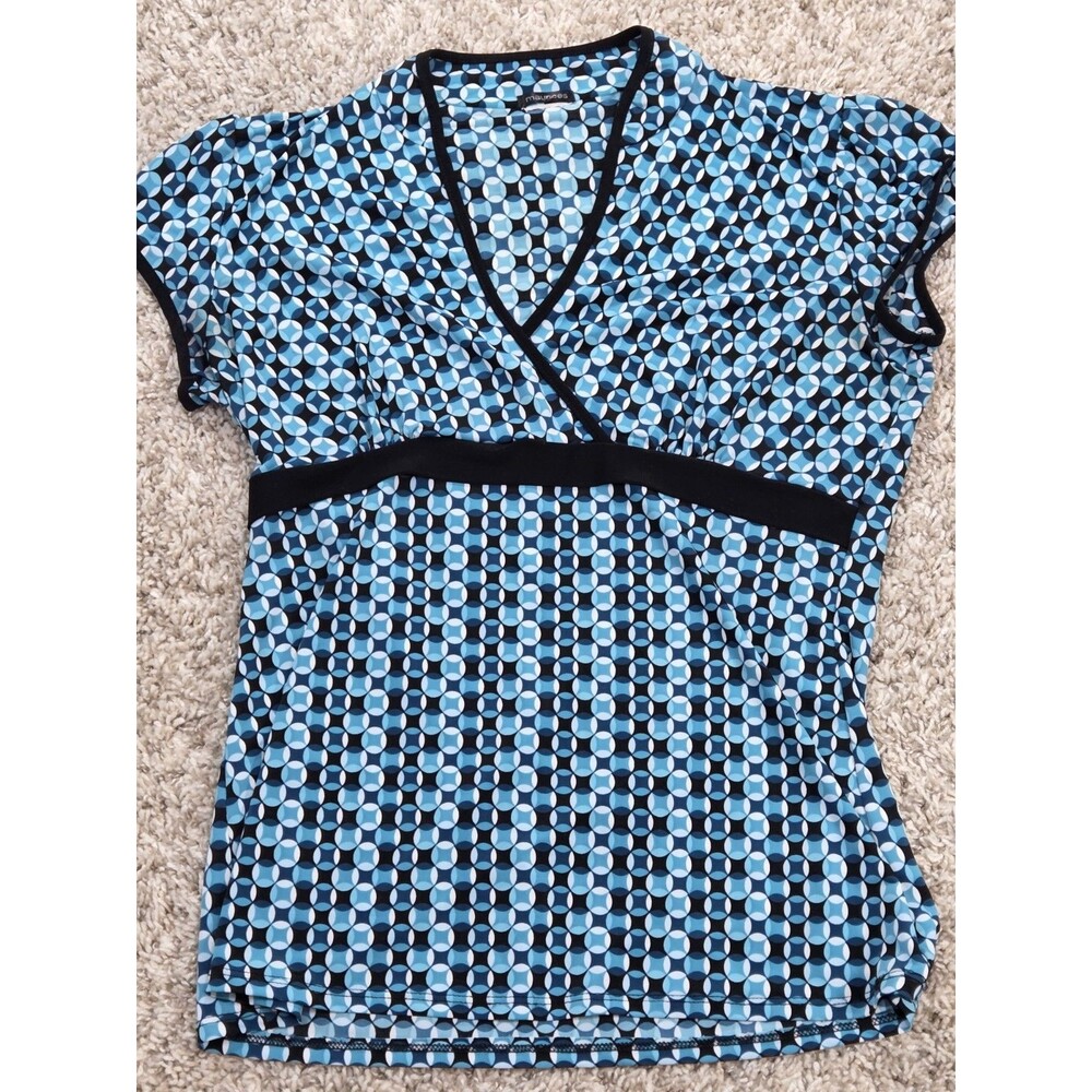 Maurices Womens Top Sz M Blue Geometric Circle Print Empire Waist Surplice...